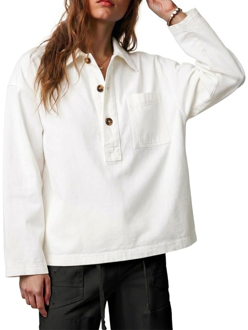 Women’s White Denim Long Sleeve Button Up V Neck Jean Shirt Top Blouses